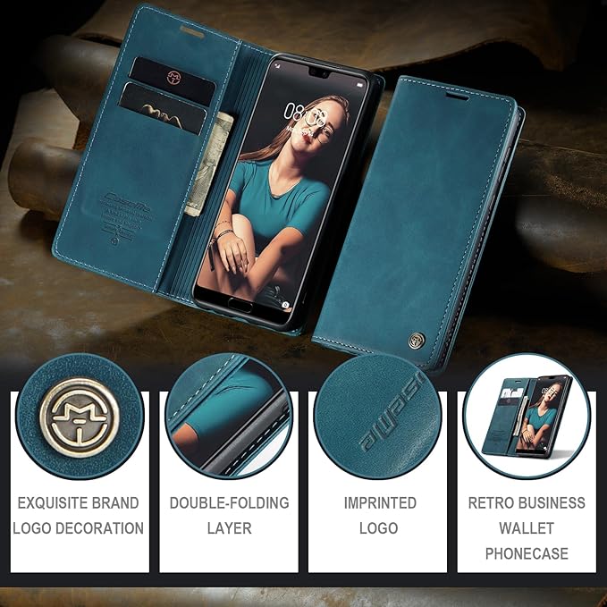 for Huawei P20 Case, Flip Wallet Leather Case with Card Holder Magnetic Closure Shockproof Kickstand Protective Phone Cases Cover for Huawei P20,Blue-Green