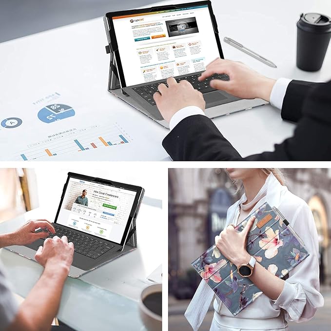 Fintie Case for 12.3 Inch Microsoft Surface Pro 7 Plus, Surface Pro 7/6/5/4/3 - Portfolio Business Cover with Pocket, Compatible with Type Cover Keyboard, Blooming Hibiscus