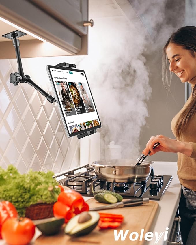 Metal Tablet Wall Mount Holder with 360° Adjustable Foldable Arm, for iPad Pro Air Mini | Galaxy Tab | Kindle Fire | Switch | 4.7-13" Device, for Kitchen Cabinet | Home | Desk | Under Counter | Office