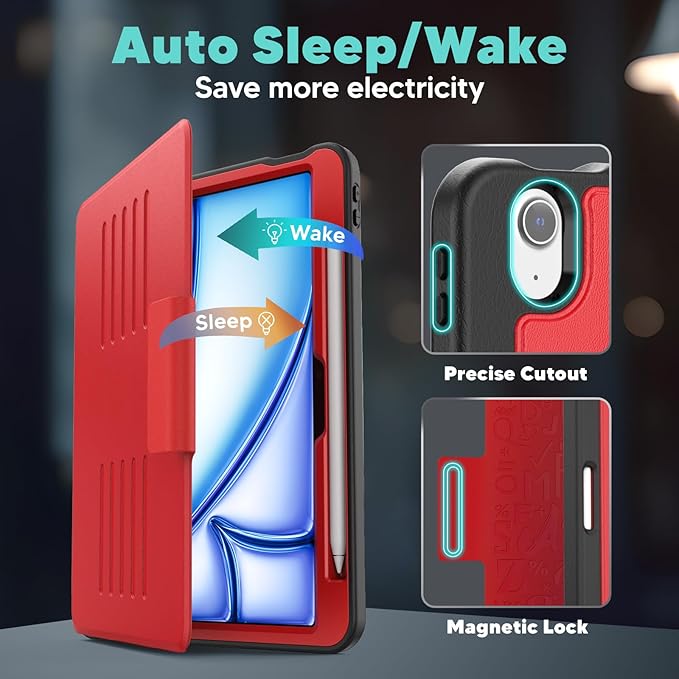 SEYMAC for iPad Air 11 inch Case M3/ M2 (2025/2024), Full Protective Auto Sleep/Wake Strong Magnetic Cover with 5 Standing Angles, Pencil Holder, Red