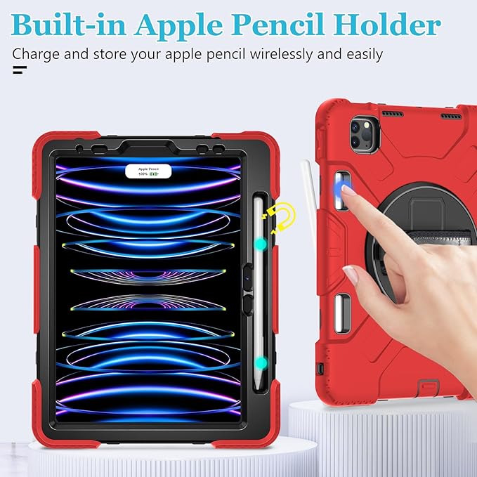 Case for iPad Pro 11 Inch 2022/2021/ 2020/2018: Silicone Cover for iPad 11 Inch 4th/ 3rd/ 2nd/ 1st/ Generation with Screen Protector- Stand- Handle- Shoulder Strap- Pencil Holder- Red