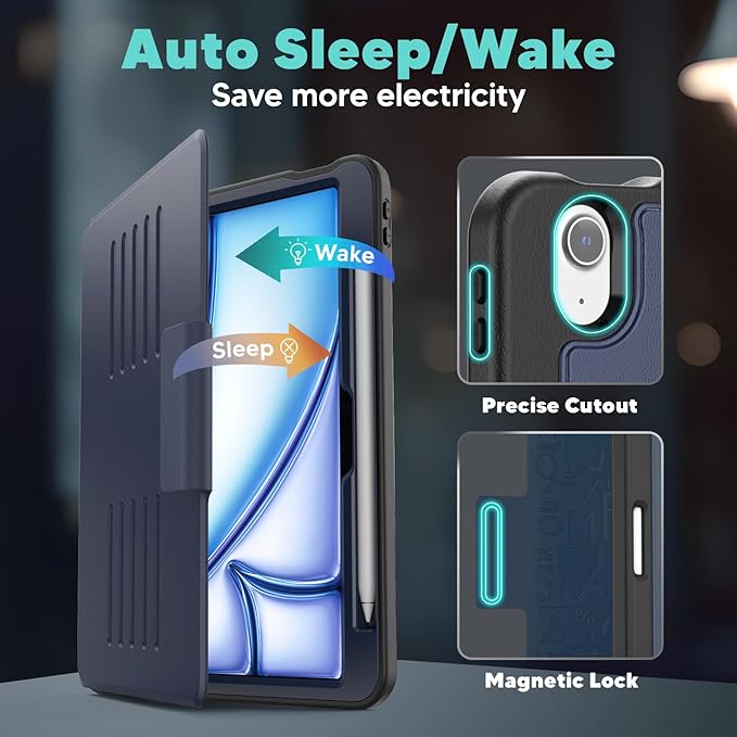 SEYMAC for iPad Air 11 inch Case M3/ M2 (2025/2024), Full Protective Auto Sleep/Wake Strong Magnetic Cover with 5 Standing Angles, Pencil Holder, Navy Blue