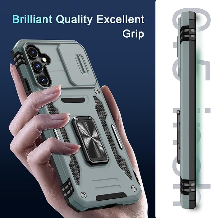 DEERLAMN Case for Samsung Galaxy S23 FE 6.4-Inch with Slide Camera Cover+Screen Protector(1 Pack),Rotated Ring Kickstand Military Grade Shockproof Protective Cover-Grey