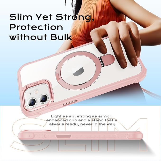 Anqrp O-Ring Magnetic Kickstand Clear Case for iPhone 12/12 Pro, Compatible with Mag-Safe, Military-Grade Reinforced 4-Corners Anti-Yellowing Transparent Phone Case Cover for iPhone 12/12 Pro, Pink