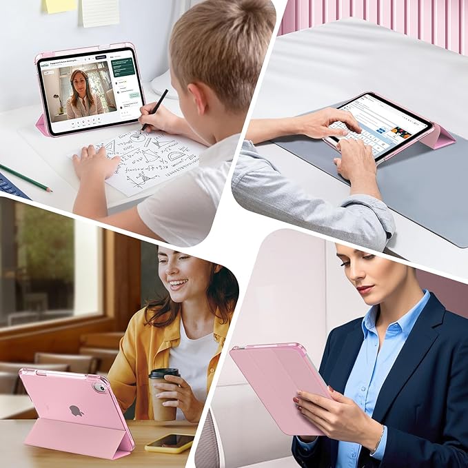 MoKo for iPad (A16) 11th Generation Case 11 Inch 2025, iPad 10th Generation Case 10.9 Inch 2022 with Pencil Holder, Slim Light Trifold Protective Cover with Hard PC Translucent Back Shell, Pink