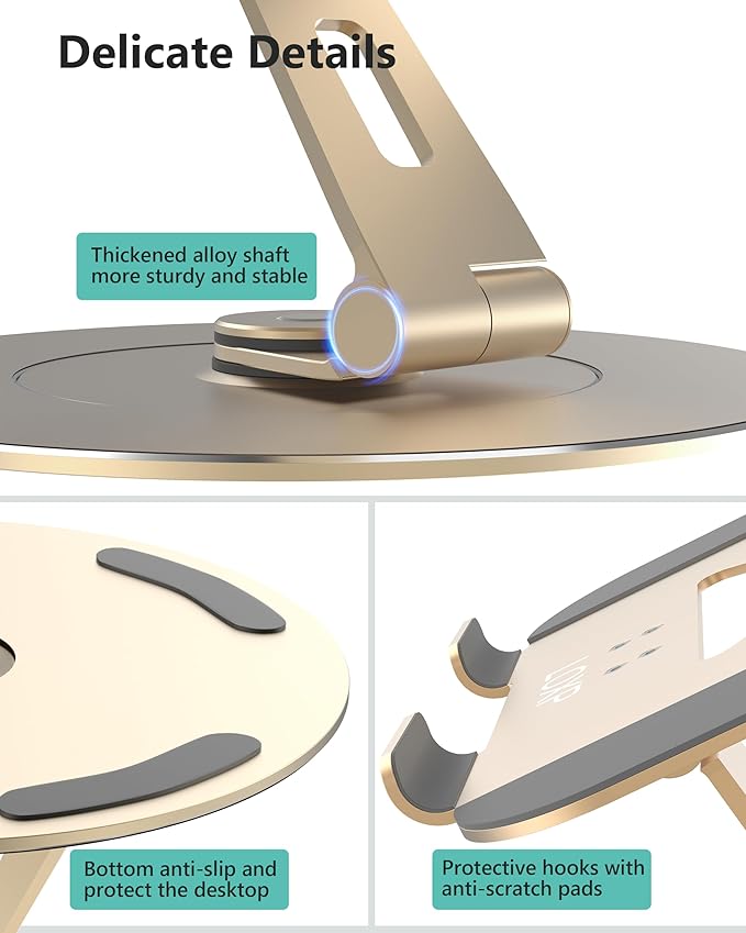 Ultra-Stable Swivel Laptop Stand for Desk,300% Larger Base Stability Military-Grade Aluminum Anti-Loosening Structure - Height Adjustable Laptop Stand Suitable for 10-17.3 inch,Golden