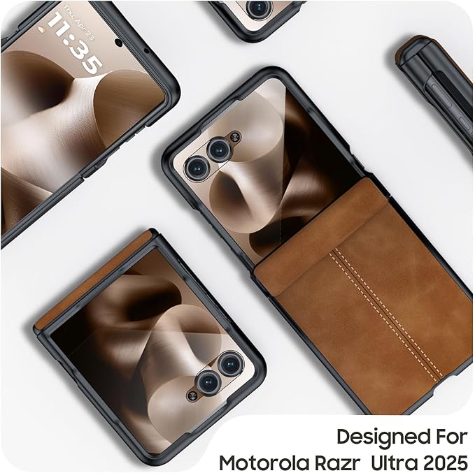 for Motorola Razr Ultra 2025 Case Built-in Screen Protector & Hinge Protection & Ultra Thin PU Leather Matte PC Shockproof Phone Cover Smartphone Case for Moto Razr Ultra 2025 (Brown)