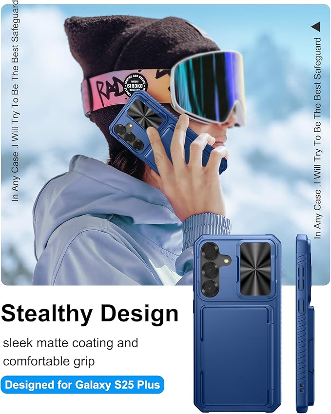 for Samsung Galaxy S25+ Plus Wallet Case, Card Holder (4-5 Cards), RFID Block, Slide Lens Cover, Military Drop Protection, Heavy Duty Men Women Protective Phone Cases for Galaxy S25+ Plus, Blue