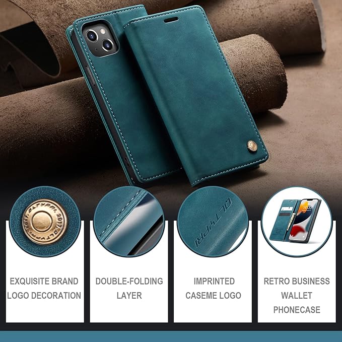QLTYPRI Case for iPhone 14, Vintage PU Leather Wallet Case Card Slot Kickstand Magnetic Closure Shockproof Flip Folio Book Case Cover for iPhone 14(6.1 inch) - Blue