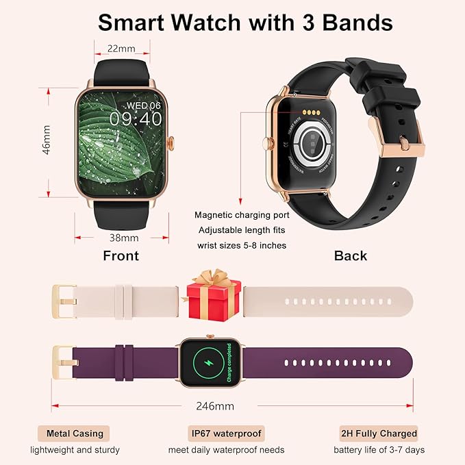 Smart Watches for Women, 1.85'' Smartwatch for Calls/SMS/Notifications, Android iOS Health Fitness Tracker Watch with Sleep/Heart Rate/SpO2/Blood Pressure Monitor, IP67 Waterproof,100+Sports