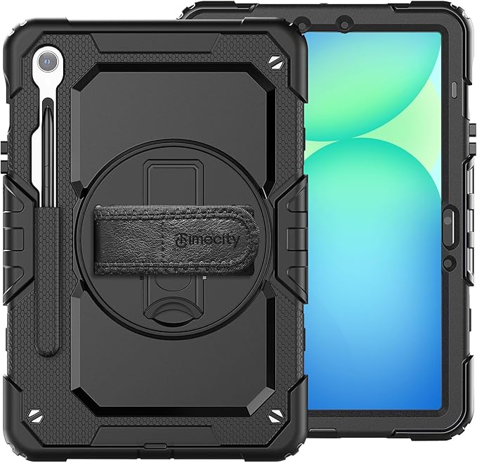 Timecity Case for Samsung Galaxy Tab S10 FE/ S9 FE 5G 10.9 Inch/ S9 11 Inch - Heavy Duty Protective Cover with Screen Protector, Rotating Stand, Shoulder Strap & S Pen Holder | Kids-Friendly, Black