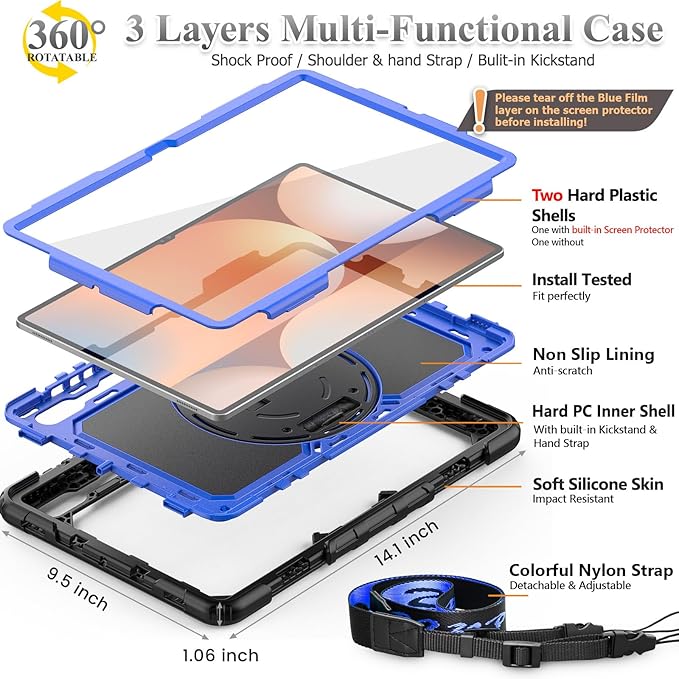 SEYMAC stock Case for Samsung Galaxy Tab S10 Ultra / S9 Ultra Tablet Case 14.6'' Protective with Screen Protector, Pen Holder, 360 Rotate Stand, Hand Strap, Shoulderr Strap, Blue1