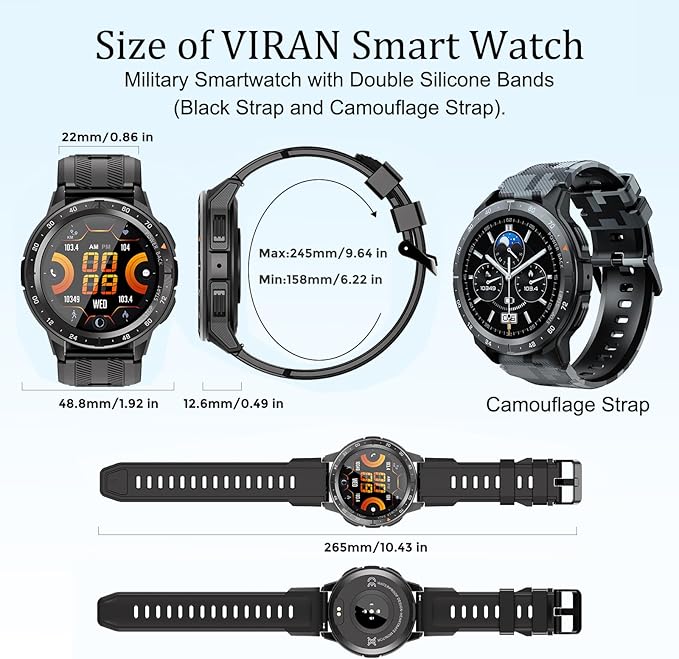 VIRAN Smart Watches for Men, 1.43'' AMOLED Fitness Watch with Pedometer and Heart Rate/Sleep/BP/Spo2 Monitor, Military Smart Watch for Android Phones and iPhone Compatible, 120+ Sports Modes (Black)