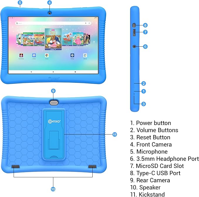 Contixo 10-Inch Kids Tablet - Ages 3-12, 80 Disney eBooks ($350 Value), 32GB Storage, Android, Parental Controls, Silicone Case w/Kickstand, STEM Learning Tablet for Older Kids - Blue