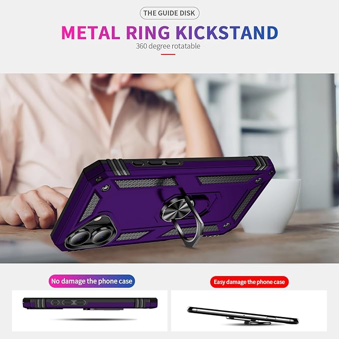 ADDIT Compatible with iPhone 17 Case with Tempered Glass Screen Protector, Adjustable Kickstand Ring, Military-Grade Heavy Duty Protection, Shockproof, Anti-Fingerprint,Purple