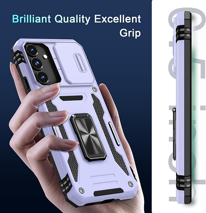 DEERLAMN Case for Samsung Galaxy S25 6.2-Inch with Slide Camera Cover+Screen Protector (1 Pack), Rotated Ring Kickstand Military Grade Shockproof Protective Cover-Light Purple