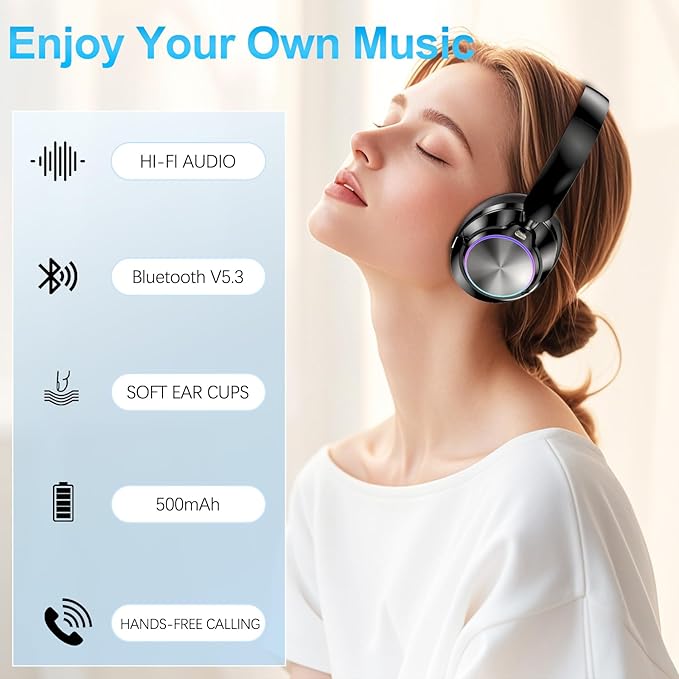 Noise Cancelling Over Ear Wireless Bluetooth Headphones with Microphone, 65h Playtime, Clear Calls, Comfort Fit for Travel (Black)