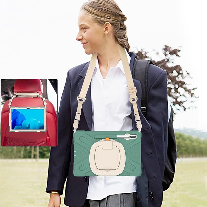 360 Rotation Portable Case for Galaxy Tab S8+/S7 FE/S7+ 12.4 Inch Case with S Pen Holder Rugged Case Rotating Stand Hand Strap Shoulder Carrying Strap Outdoor Cover (DarkGreen)