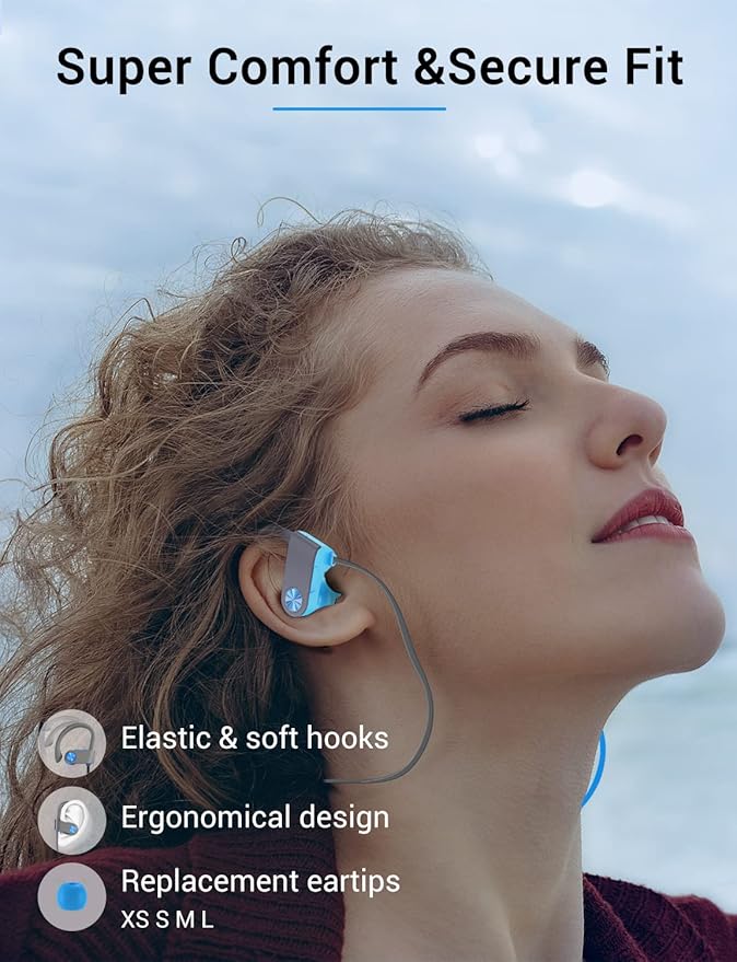 Stiive Bluetooth Headphones, 5.3 Wireless Sports Earbuds IPX7 Waterproof with Mic, Stereo Sweatproof in-Ear Earphones, Noise Cancelling Headsets for Gym Running Workout, 16 Hour Playtime - Bluegrey