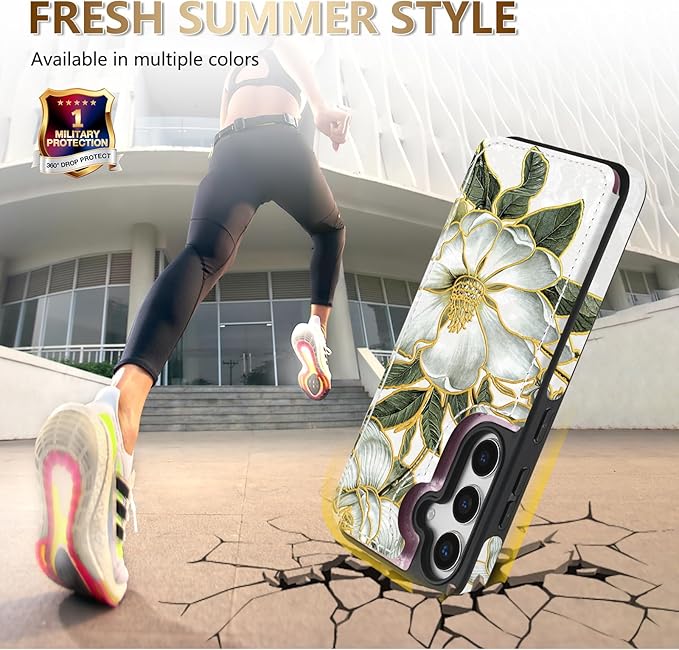 NNH Compatible with Samsung Galaxy S25 Wallet Case with RFID Blocking Card Slots Folio Flip PU Leather Kickstand Double Magnetic Clasp Design Cover for Galaxy S25(6.2 inch-Magnolia Flowers)