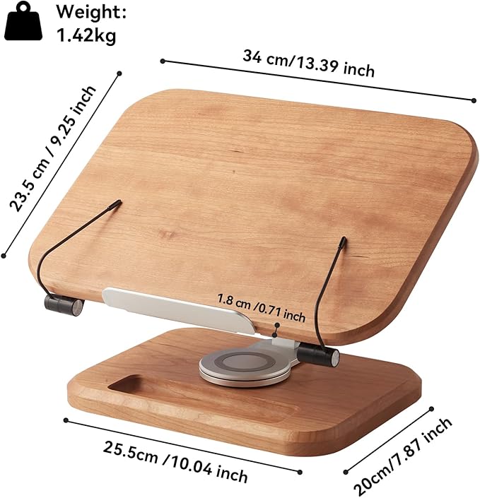 Book Stand for Reading, Mayhas Adjustable Book Holder with 360° Swivel Base&Page Clips, Foldable Desktop Stand for Cookbook, Fits All Books (Cherry Wood, Wood Base)