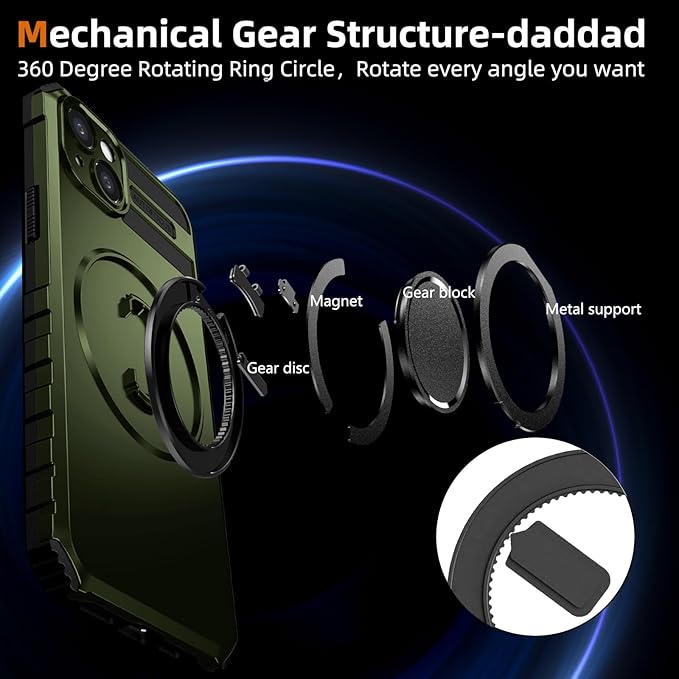 for iPhone 15 Case Compatible with MagSafe Magnetic,with 2 Tempered Glass Screen Protectors,Built-in 360°Kickstand Ring,Military Grade Drop Shockproof Heavy Duty Protection Phone Bumper Green