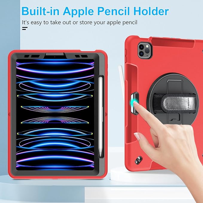 Case for iPad Pro 11 Inch 2022/2021/ 2020/2018: Cover for iPad 11 Inch 4th/ 3rd/ 2nd/ 1st Generation with Screen Protector- Stand- Handle- Shoulder Strap- Pencil Holder Red