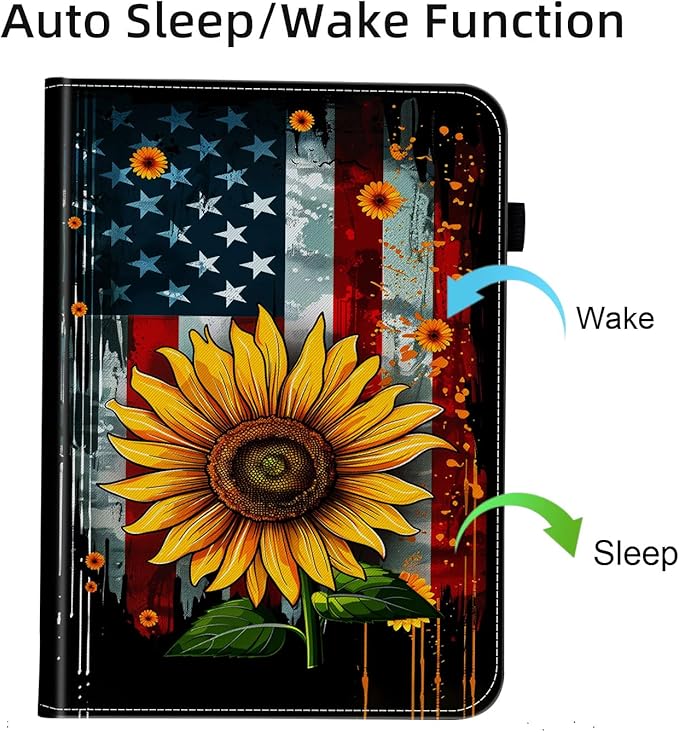 Case for Samsung Galaxy Tab S9 FE 5G 10.9 Inch/Galaxy Tab S9 11 Inch 2023,Card Slot PU Leather TPU Case Pen Holder Auto Wake Sleep,American Flag Sunflower