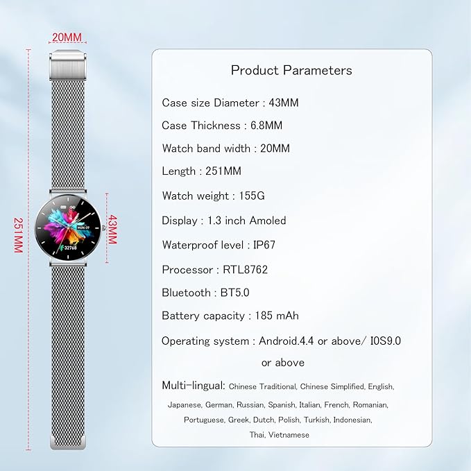 Smart Watch for Men and Women, 1.3 Inch Amoled HD Round Full Touch Screen Watch, Full Metal 6.8MM Ultra-Thin Case, Multiple Sports Modes, Compatible with Androidand iOS (Steel Silver)