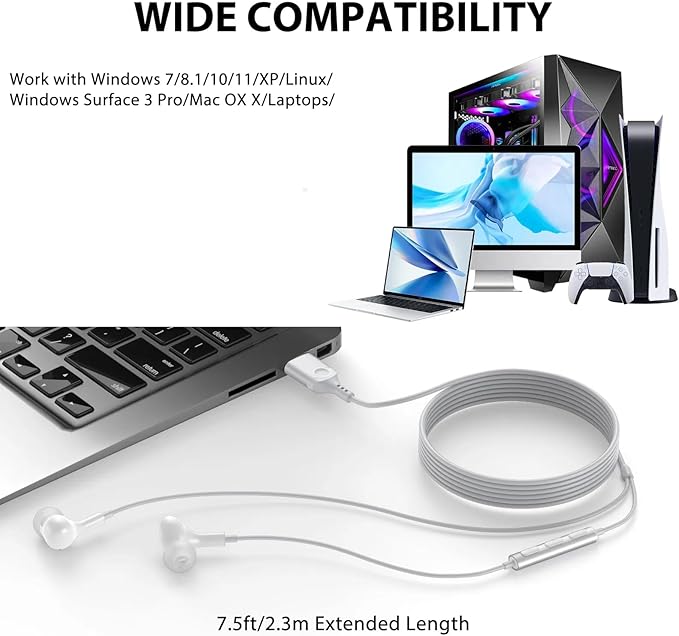USB Headphones for PC Laptop,Magnetic 7.5FT Wired Earbuds Computer Headset with Microphone Control Mute Mic Noise Canceling in Ear Eartips Corded Earphone for MacBook Pro Zoom Meetings Chromebook
