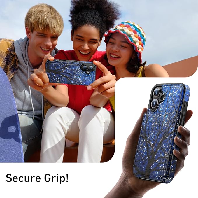 FUNMIKO for iPhone 16 Wallet Case with Card Holder, RFID-Blocking, Military-Grade Protection & UV-Printed Artwork, Magnetic Closure with Leather Kickstand - Dreamy Wishing Tree