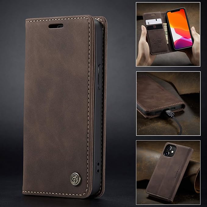 for iPhone 12 Mini Case 5.4", Flip Wallet Leather Case with Card Holder Magnetic Closure Shockproof Kickstand Protective Phone Cases Cover for iPhone 12 Mini,Coffee