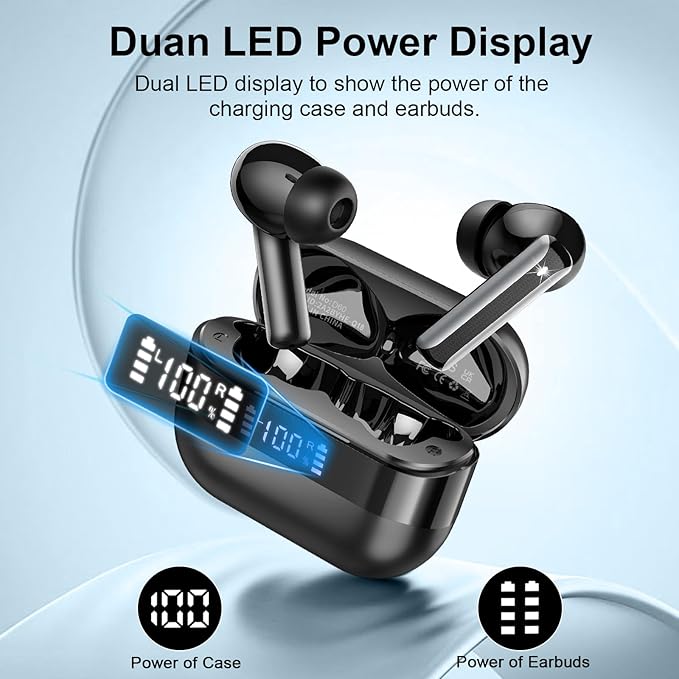 Wireless Earbuds, Bluetooth 5.4 Headphones with HiFi Stereo, in Ear Earphones with 4 ENC Mics, 48H Bluetooth Earbuds with LED Display Charging Case, IP7 Waterproof Ear Buds for Android iOS Black