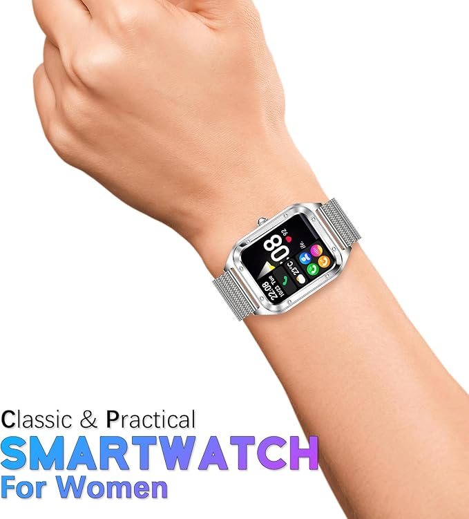 Smart Watch for Women, 1.59'' Full Touch Women's Smartwatch with Female Health Tracking, Fitness Tracker Heart Rate Monitor, Waterproof Sports Smartwatch for Android iOS (Silver Mesh RT-i98)