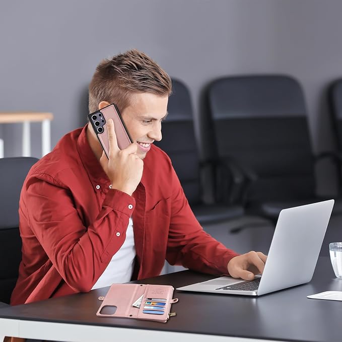 MInCYB for Samsung Galaxy S24 Ultra Case, Galaxy S24 Ultra Wallet Case with Card Holder (12+ Card Slots) - PU Leather Case for Women & Men, Wireless Charging, Detachable Magnetic Phone Cover. Pink