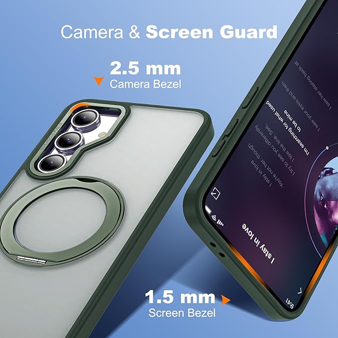 for Samsung Galaxy S24 FE Case with 360° Rotatable Magnetic Ring Stand Compatible with Mag-Safe Military Protection Shockproof Matte Translucent Phone Cases for S24 FE,Dark Green