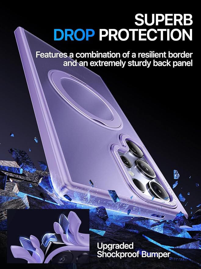 QTlier Phone case for Galaxy S24 Ultra- 360 Rotatable Magnetic Ring Stand, Military-Grade Protection, Raised Camera Frame Lilac