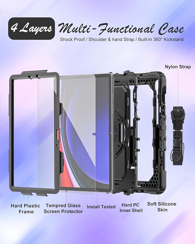 Case for Samsung Galaxy Tab S10 Lite/ S10 FE / S9 FE 10.9 Inch / S9 11'' 5G Protective with Screen Protector/Pen Holder/Hand Strap, Heavy Duty Shockproof Tablet Cover for S10 Lite, Black