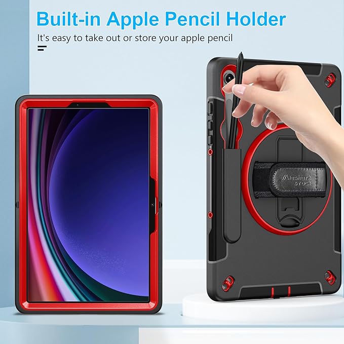 Case for Galaxy Tab S10 Lite &S10 FE S9 FE 10.9"/S9 11 Inch: TPU Cover for Samstng Tablet S10 FE/ 2025/ S9 FE & S9 2023 5G with Screen Protector- Stand- Handle-Shoulder Strap-S-Pen Holder-Red+Black