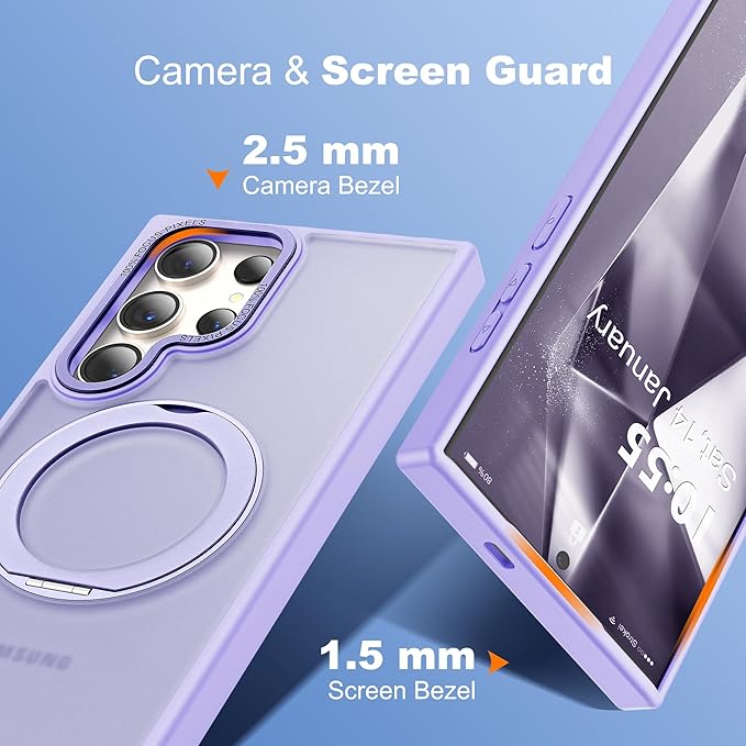Compatible with Samsung Galaxy S24 Ultra Case with 360Rotatable Magnetic Ring Stand Compatible with Mag-Safe Military Protection Matte Translucent Phone Cases for S24 Ultra 6.8",Purple
