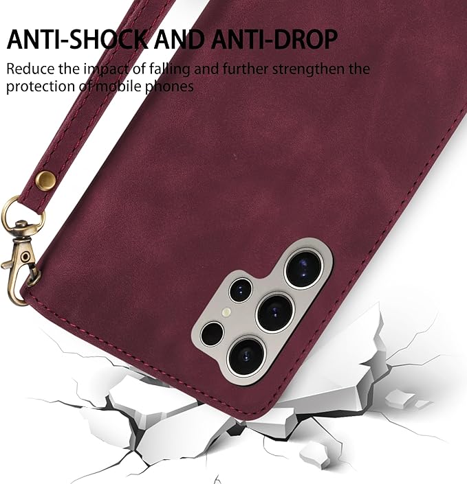 ZZXX for Samsung Galaxy S24 Ultra Wallet Case with RFID Blocking Card Slot PU Leather Zipper Flip Folio with Strap Kickstand Protective Cover for Galaxy S24 Ultra Case Wallet(Wine Red-6.8 inch)