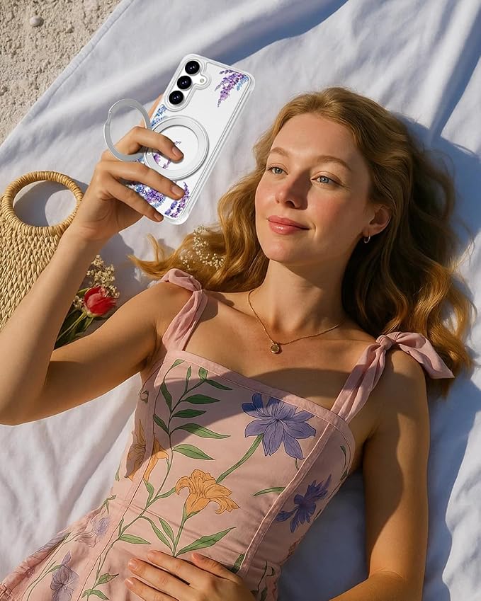 for Samsung Galaxy S25 Case with 360° Rotatable Magnetic Ring - Compatible with MagSafe, Semi-Transparent Soft-Touch Material Shockproof, Cute Purple Floral Design for Women Girl