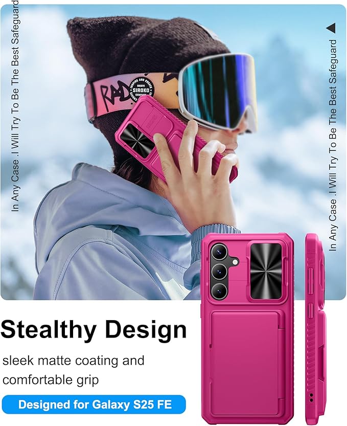 for Samsung Galaxy S25 FE Wallet Case with Card Holder (4-5 Cards), Slide Camera Cover, Military Drop Protection, Rugged Women Girly Men Protective Phone Case for Galaxy S25 FE 6.7", Hot Pink