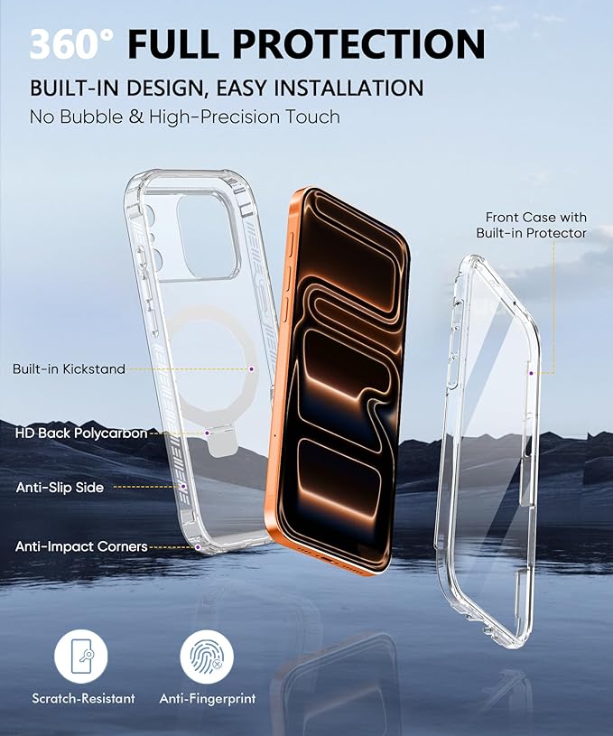 Compatible with iPhone 17 Pro Max Case, Built-in Screen Protector & Seamless Stand, with Camera Lens Protector, Strong Magnetic Clear Phone Case, Full Body Protective Cover for 6.9" (Clear)