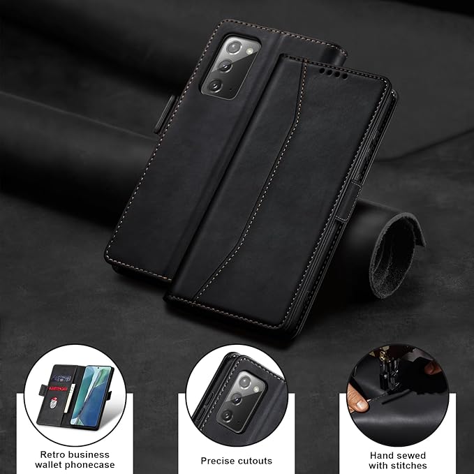 Jasonyu Flip Wallet Case for Samsung Galaxy Note 20,Leather Magnetic Folio Cover with Card Holder,Kickstand - TPU Shockproof Durable Protective Phone Case,Black