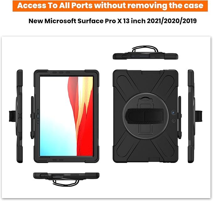 DreamerX for Microsoft Surface Pro X 13 inch Case 2019/2020/2021, Heavy Duty Military-Grade Shockproof Rugged Drop Protective Silicone Cover with Rotating Stand Hand Strap Shoulder Strap Pencil Holder