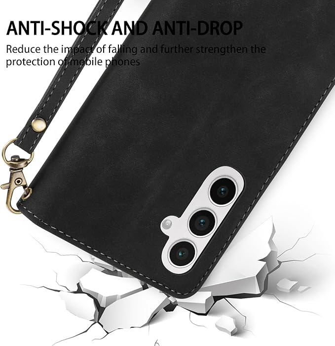 ZZXX for Samsung Galaxy S24 FE Wallet Case with RFID Blocking Card Slot PU Leather Zipper Flip Folio with Strap Kickstand Protective Cover for Samsung Galaxy S24 FE Case Wallet(Black-6.7 inch)