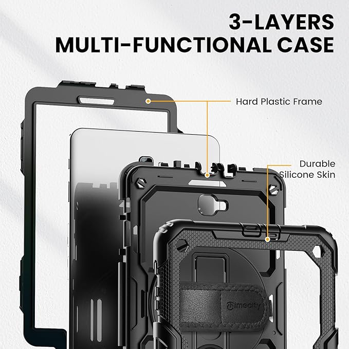 Timecity Case for Samsung Galaxy Tab A 10.1 inch 2016 Release, SM-T580 T585 T587, Heavy Duty Protection Case with Screen Protector, Stand, Hand Strap and Shoulder Strap Stylus Holder - Black