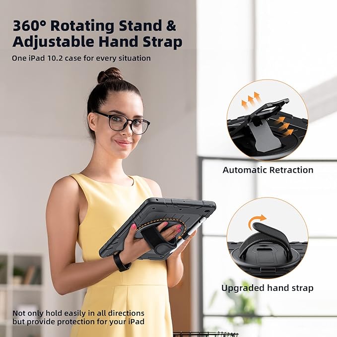Case for iPad 9th/8th/7th Generation-Built-in Screen Protector,with Pencil Holder&360°Rotating Hand Strap,Shoulder Strap,Case for iPad 10.2 inch 2021-2019(Black)