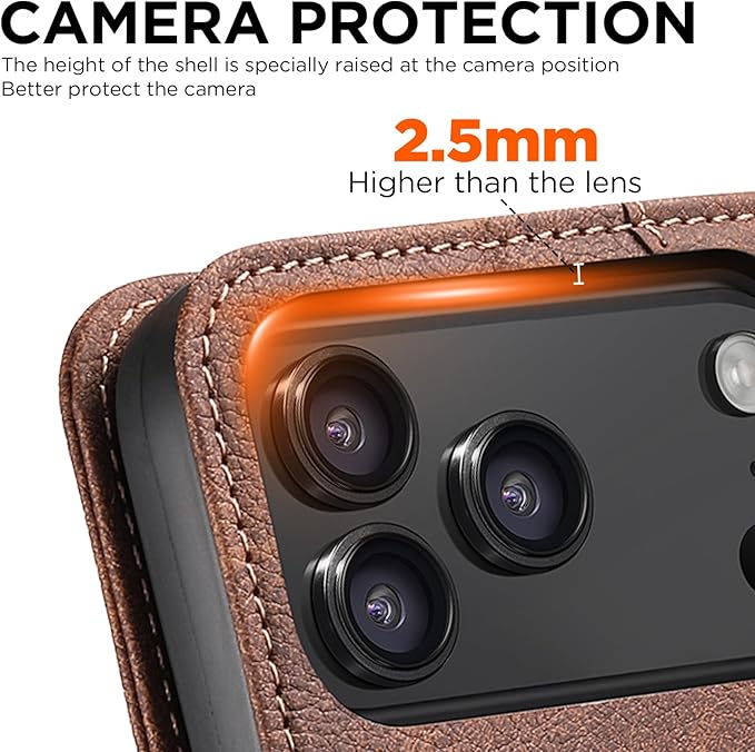 Leather Magnetic Wallet Case for iPhone17 Pro Max Compatible with MagSafe & Wireless Charging, 3 Card Slots & ID Holder, Kickstand, 360° Military Shockproof Protection Premium Brown